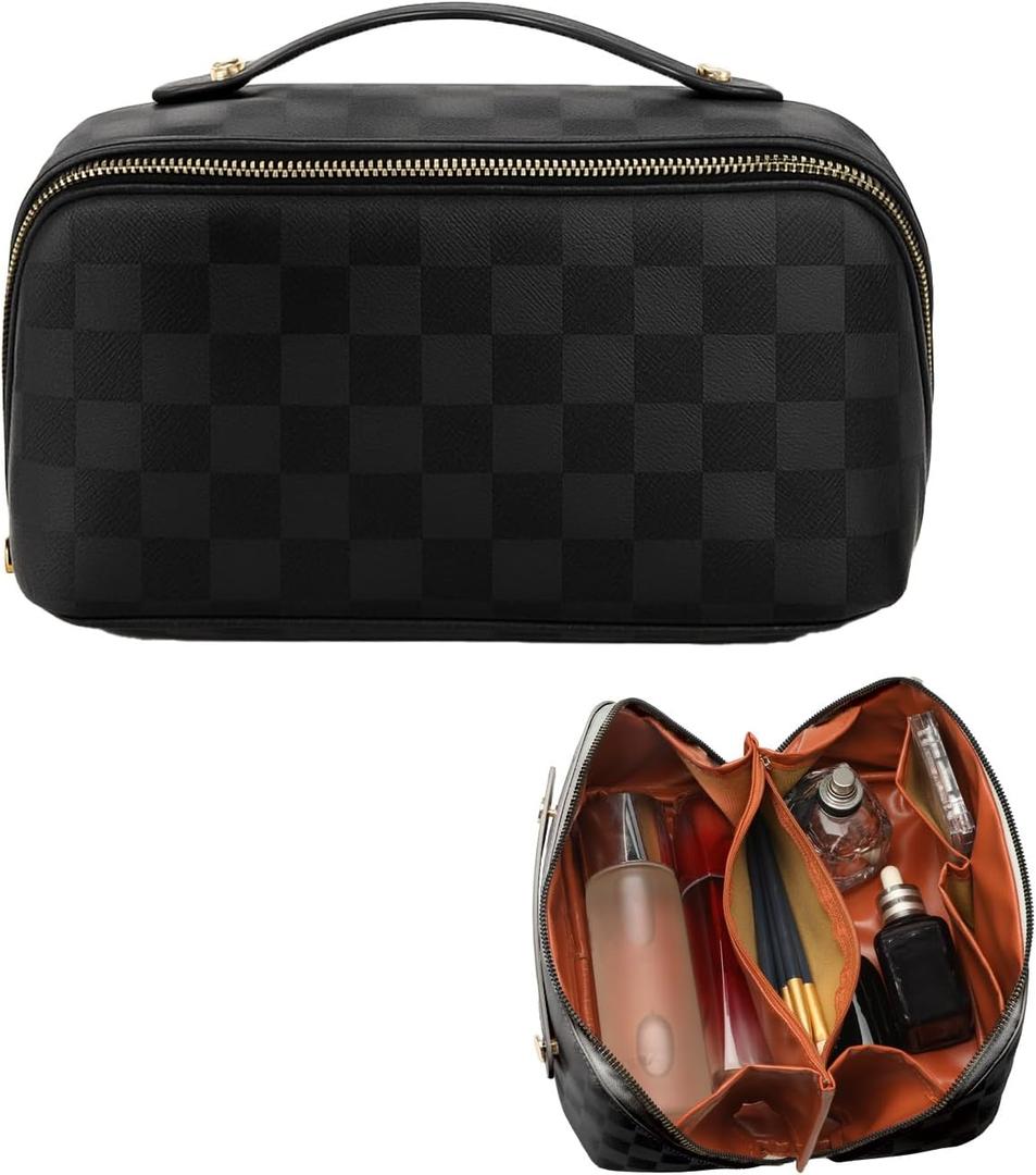 Travel Makeup Bag,Large Capacity Cosmetic Bags for Women,Waterproof Portable Pouch Open Flat Toiletry Bag Pattern Makeup Bag (Black Square)