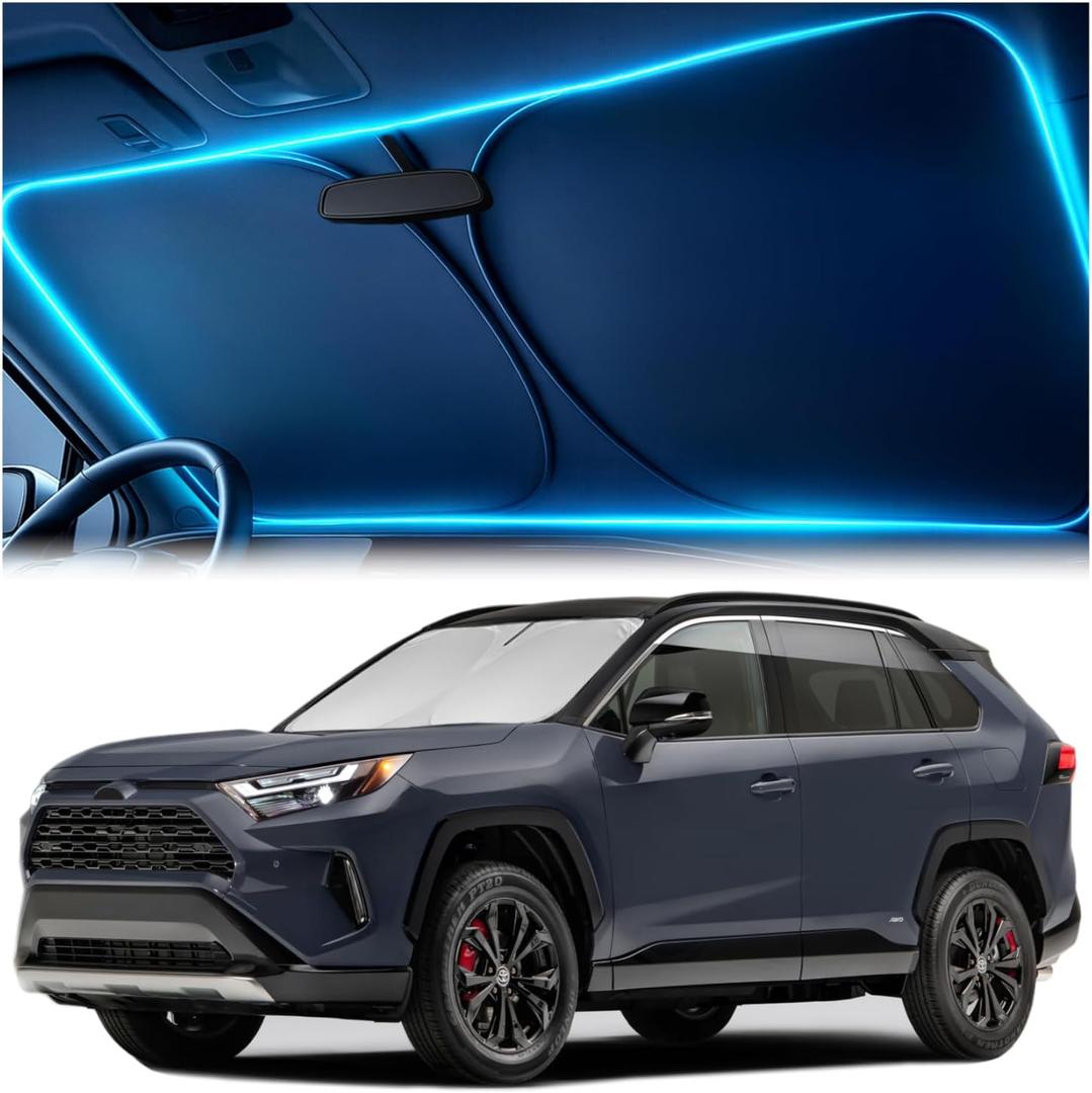Windshield Sun Shade for Toyota RAV4 2019 2020 2021 2022 2023 2024 2025 Custom Fit Sun Shield with Mirror CutOut, Blocks Heat & UV, Foldable with Storage Pouch - Toyota RAV4 Windshield Sunshade