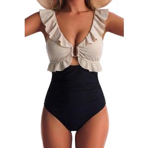 Women One Piece Swimsuit Tummy Control Ruffle Bathing Suit Cutout V Neck Swim Suit Ruched Slimming Swimwear (Black, M)