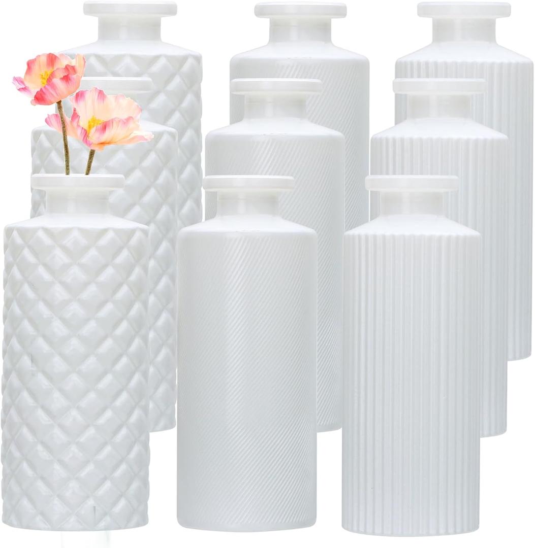Brajttt Glass Bud Vase Set in Bulk, 9pcs Mini Vintage Flower Vases for Wedding,White Relief Vase for Centerpieces,Home Table Flower Decor, Party Decorations