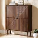 oakvivo Shoe Cabinet Storage, Farmhouse Freestanding Organizer with 2 Flip Drawers and 4 Wooden feet, Narrow Shoe Rack Cabinet for Entryway, Foyer, Hallway, Walnut