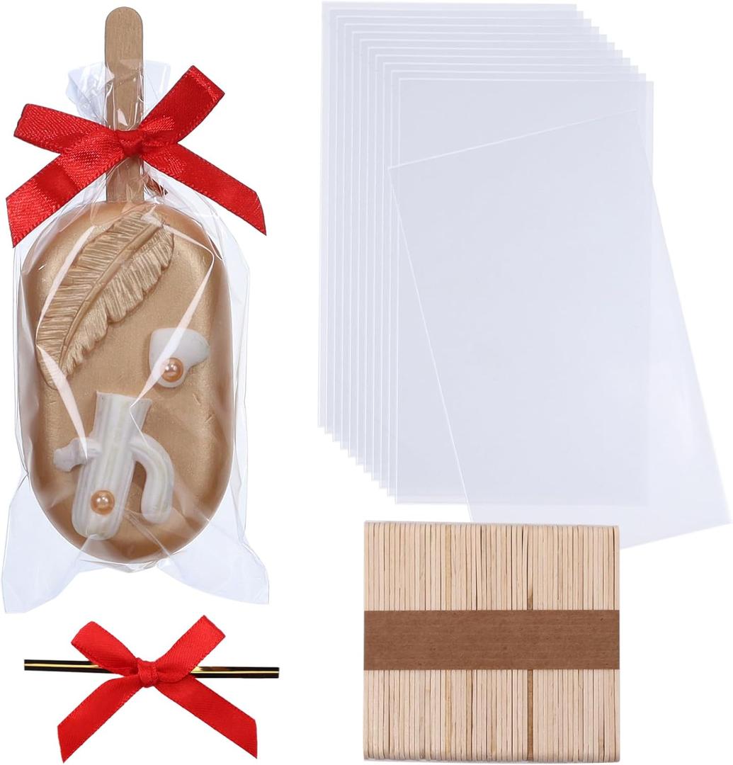 100Pack 3x6Inches Cakesicle Bags with Ribbon Bowknot and Sticks Rice Krispie Treat Bag Clear Cellophane Bags Browine Bags Macaron Bag Soap Bags Gift Truffle Treat Bags for Bakery Party Favor