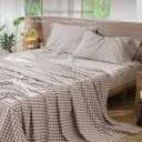 MooMee Gingham Sheet Set 100% Washed Cotton Linen Like Textured Breathable Soft w/Fully Elasticized 16-19" Deep Pocket (Classic Gingham Brown, King)