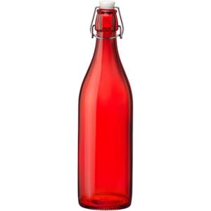 Bormioli Rocco Giara Beverage Bottle with Clamp Lid, 33.75 oz - Leakproof Glass Container for Homemade Juices & Dressings - Stylish Drinkware Storage for Kitchen/Restaurant - Made in Italy (Red)