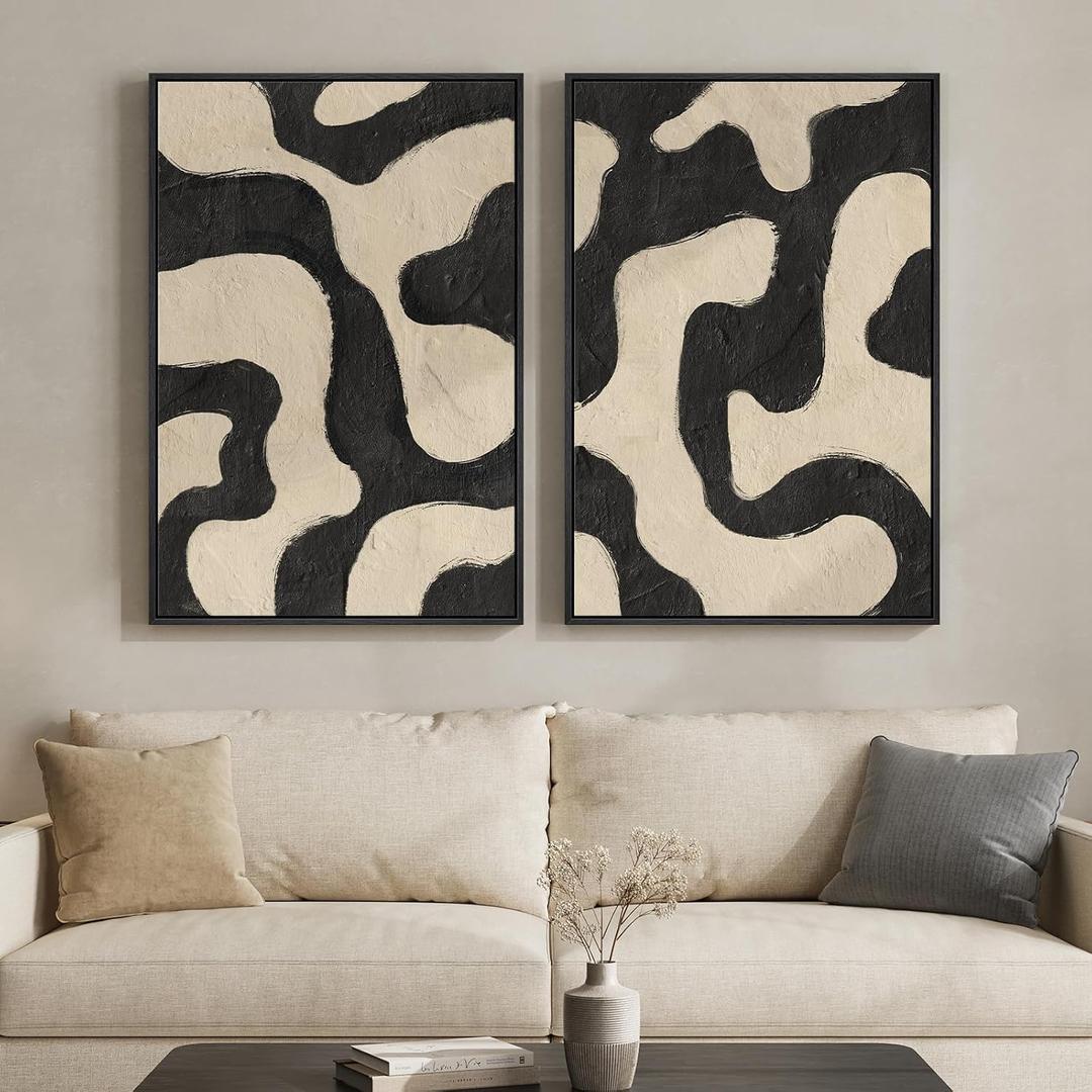 Framed Abstract Beige Black Wall Art for Living Room, Large Neutral Modern Canvas Artwork for Walls, Set of 2 Mid Century Elegant Picture Print for Bedroom Home Office Hallway Wall Decor, 24x36 Inch, 24" W x 36" H x 2Pcs