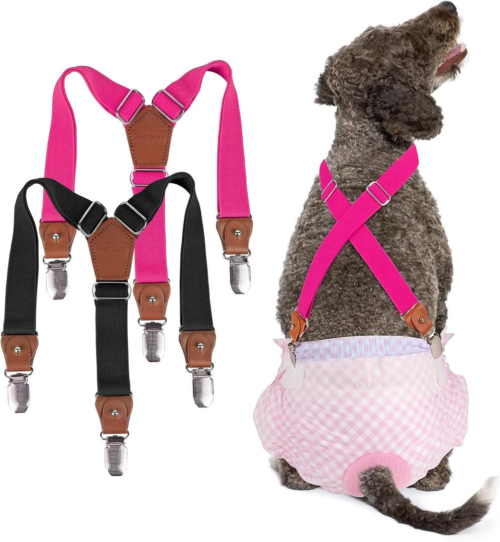 Pet Soft Dog Suspenders 2 Pieces Female Dog Diaper Suspenders for Dogs Diaper Keeper Suspender for Dogs Skirt, Doggy Dress (Black & Pink, S/M)