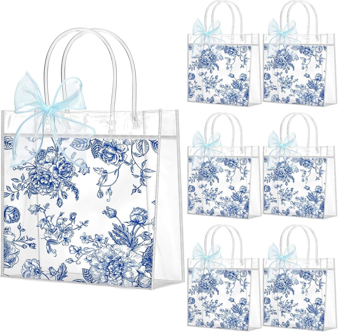 Weysat 24 Pcs Blue Floral Scalloped Party Favor Clear Gift Bags with Handles Ribbon Blue White Vintage Floral Leaf Chinoiserie Party Favors Candy Treat Bags for Wedding Birthday Bridal Shower