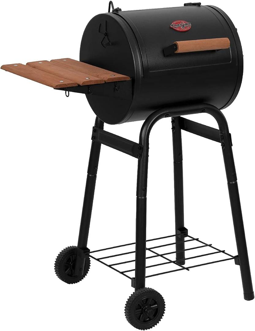 Char-Griller Patio Pro Charcoal Grill and Smoker with Cast Iron Grates, Premium Wood Shelf and Damper Control, 250 Cooking Square Inches in Black, Model E1515