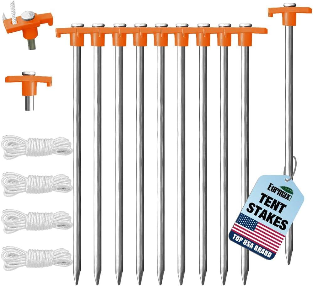 Eurmax USA Galvanized Non-Rust Camping Family Tent Pop Up Tent Stakes Canopy Anchors Heavy Duty 10pc-Pack, with 4x10ft Ropes & 1 Orange Stopper