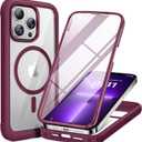 Miracase Magnetic for iPhone 13 Pro Max Case 6.7 inch, (Compatible with MagSafe) Upgrade Full-Body Clear Phone Bumper Case with Built-in 9H Tempered Glass Screen Protector, Magnetic Wine Red