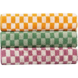Checkered Bath Towels Set of 3, 100% Cotton Bath Towels Large, 600GSM, 55 * 28 in, Luxury Shower Towels for Bathroom, Soft Absorbent Quick-DryOrange+Dark Green+Pink