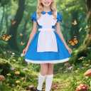 Kids Blue Dress Costume for 3-14 Years Girls Halloween Princess Costumes with Socks Hairband (150 (11-12 Years))