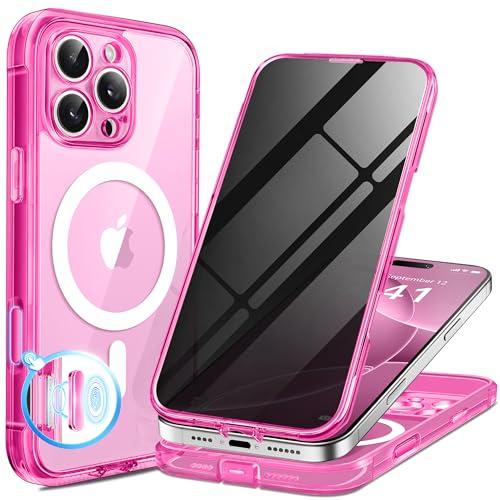 BERFY for iPhone 16 Pro Max Case, Compatible with MagSafe, Built-in Privacy Screen Protector and Camera Protection, Anti-Spy Full Body Shockproof Phone Case for 16 Pro Max 6.9", Clear Bright Pink