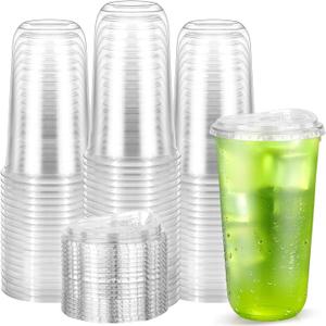 [50 Pack] 20 oz Clear Plastic Cups with Lids, Disposable Strawless Coffee Iced Drink Cup  Cold Beverage To Go Cups for Iced Coffee, Smoothies, Juice, Tea, Water, Party Use