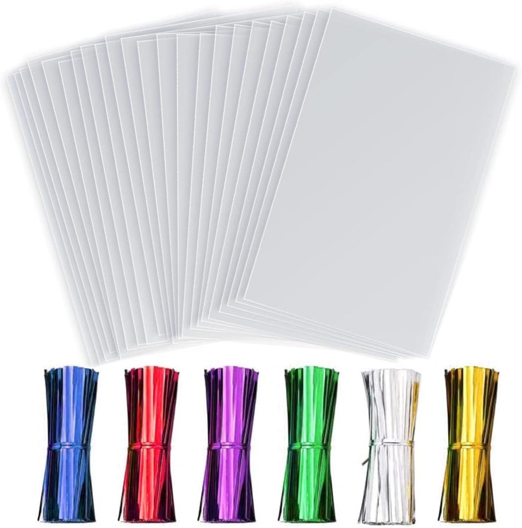 50 Pcs Clear Cellophane Bags,9 X 12 Inches Clear Cellophane Treat Bags with 6 Mix Colors Twist Ties for Gift Baskets Wedding, Chocolate, Party Favor Baby Showers, Bakery, Toy Wrapping