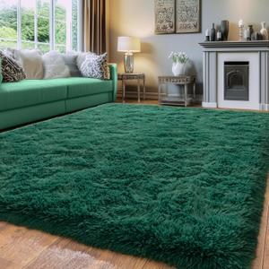 Green Fluffy Rug for Bedroom 8x10 ft Large - Ultra Soft & Non Slip Shaggy Area Rug, Comfy Durable Carpet for Living Room Kids Room Teens Dorm Home Decor, 1.7'' Thick Indoor Plush Carpets