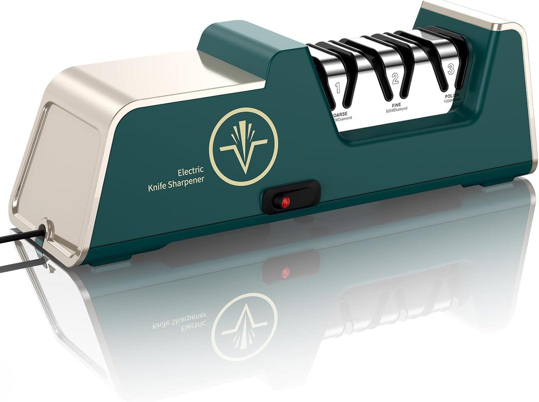 Professional Electric Knife Sharpener with 100% Diamond Abrasives, 3-Stage Precision Angle Guides, Champagne Gold, for Kitchen Straight Edge and Ceramic Knives (Noble green)