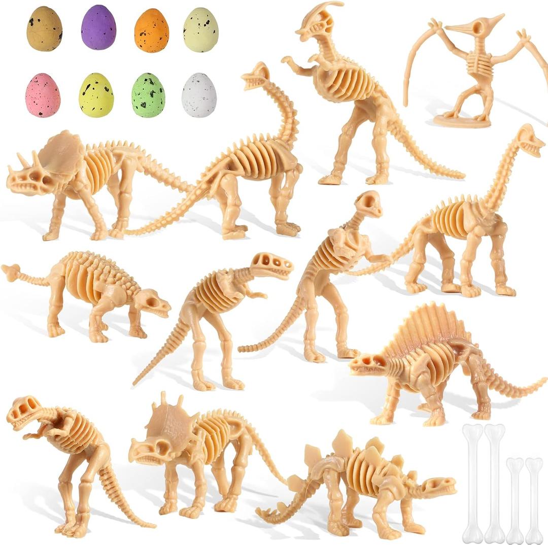 Sratte 52 Pcs Dinosaur Fossil Skeleton Kit for Kids with 24 Assorted Dino Bones & 24 Mini Dinosaur Eggs & 4 Bones, Dino Sand Dig Toys for Science Play Sandbox Birthday Easter Egg Stuffers(Light Brown)