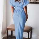 Women Elegant Satin Button Down Short Sleeve Maxi Shirt Dress with Belt (Blue, M)