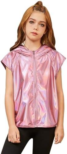 Jxstar Girls Metallic Hoodie Vest Kids Shiny Zip Up Outfit Sleeveless Disco Shirt with Pocket, 4-5T