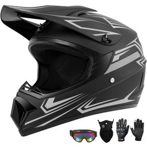 Youth Kids Dirt Bike Motocross Helmet (Goggles Gloves Face Mask) 4PCS Set, DOT Approved Boys Full Face Motorcycle Helmets, ATV BMX MX Mountain Bike Off Road Kid Helmet (Gray, L)