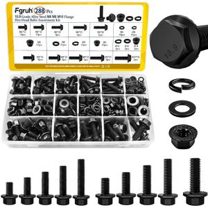 288PCS Metric Flange Head Bolts Assortment Kit,M6-1.0,M8-1.25,M10-1.5 Flanged Hex Bolt and Serrated Flange Nuts Washers Assorted,10.9 Black Zinc Galvanized (Length 12/16/20/25/30 mm)