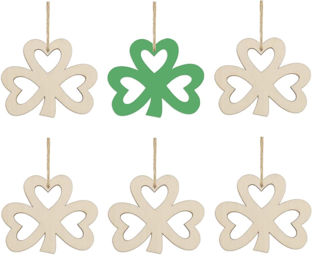 20pcs Shamrock Wood DIY Crafts Cutouts Wooden Shamrock Clover Shaped Hanging Ornaments with Hole Hemp Ropes Wood Tags for Irish Festival St. Patrick's Day Party Decorations