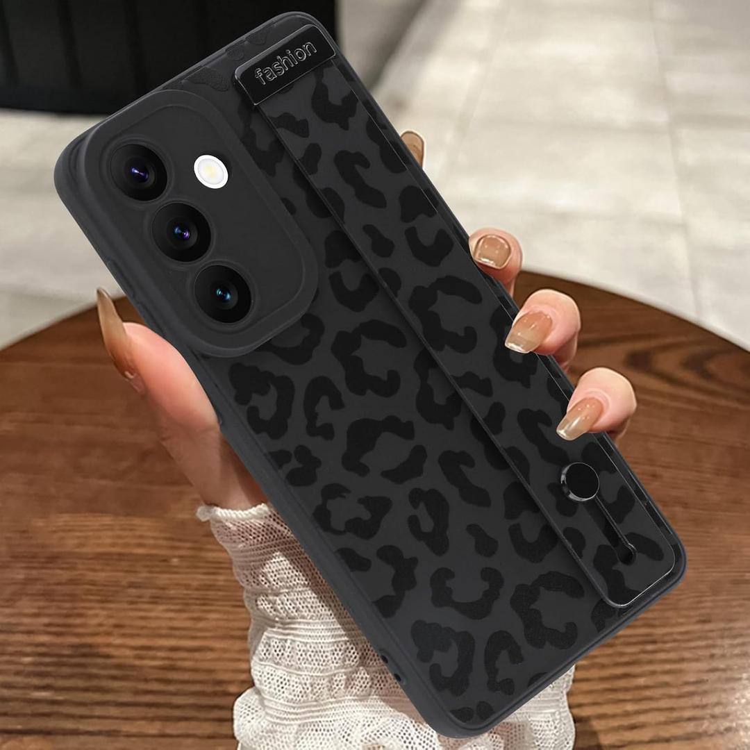 Compatible with Samsung Galaxy S26 Case with Strap Wrist Black | Cheetah Print Shockproof Soft TPU Protective Cover for Women Girls, Slim Anti Scratch Case 6.3 Inch, Black