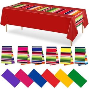 VitalCozy 11 Pcs Plastic Mexican Table Runner and Fiesta Tablecloth Set Cinco De Mayo 14 x 108 In Striped Serape Table Runner for Dia De Los Muertos Mexican Birthday Party Decorations (Assorted Color)