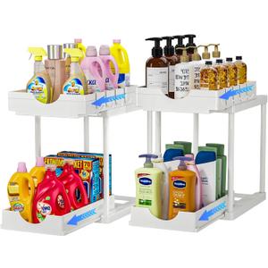 2 Pack Double Sliding Under Sink Organizers and Storage,Two Tier Bathroom Storage and Organization,Under Cabinet Organizer with Hooks,Home Organization, White
