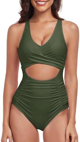 Jollkichay Women One Piece Swimsuit Tummy Control Bathing Suits for Women Slimming Ruched Swimsuits Cutout Swimwear Large