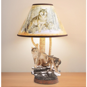 Forest Wolf Table lamp, Wildlife Side Table Lamp, Wolf Decor with lampshade (Includes Bulb), Nightlight for Cottage, Wooden Base for Bedside Table lamp, Rustic Farmhouse, Craft Traditional