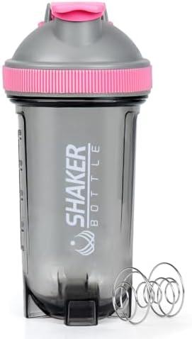 XTK Shaker Bottle Clear Protein Shaker Cup with Mixing Ball 16OZ Leak-Proof Extra-Durable Gym Bottle for Work Out,Shaker for Protein Power Shakes,Handle Portable,Curved Bottom,BPA Free (Pink)