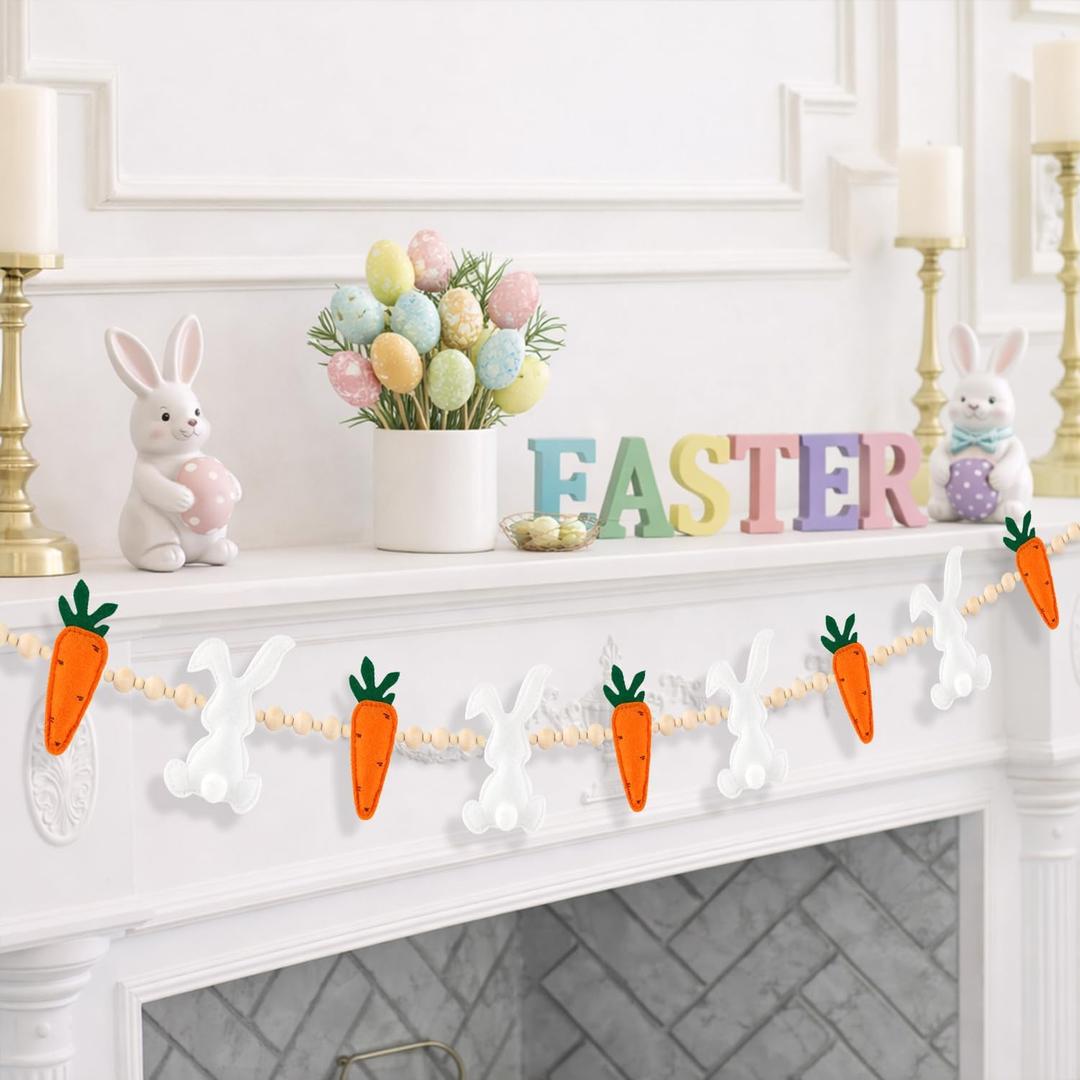 Easter Bunnies and Carrots Garland, 3D Felt Bunny Carrot Wooden Beads Banner Rustic Easter Hanging Wall Decorations for Home Farmhouse Indoor Spring Decor