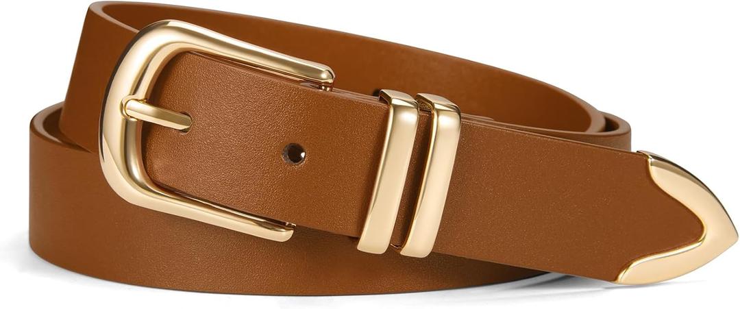 VATAN Women Leather Belt for Jeans Dresses Pants Fashion Ladies Casual Waist Belt with Gold Buckle (M Fit Waist Size 27"-32", Brown)