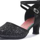 iCKER Womens Latin Dance Shoes Heeled Ballroom Salsa Tango Party Sequin Dance Shoes (7.5, Black)