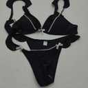 Women's 2 Piece Plain Bikini Set V Neck Ruffle Trim Bow Triangle Set High Cut Bikini Swimsuit Bathing Suit Beachwear (Medium, Black)