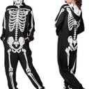 Adult Onesie Skeleton Costume Women Front and Back Bone Print Halloween Skeleton Jumpsuit Men with Zipper Hooded (Medium)