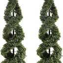 46Inch Double Spiral Artificial Boxwood Topiary Tree 4" Plants Fake Faux Plant Decor in Plastic Pot Green Indoor or Outdoor, Set of 2