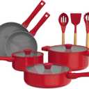 So Yummy by bella 12 Piece Cookware Set w EverGood Ceramic Nonstick Coating and Silicone & Wood Utensils, Dishwasher Safe Silicone & Glass Lids, Oven Safe & All Stovetop Compatible, Red