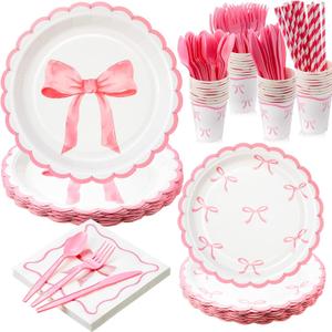 Reallnaive 192 Pcs Pink Bow Party Supplies Severs 24 Guests Coquette Birthday Decorations Includes Plates Cups Napkins Tableware Sets for Girl Bachelorette Bridal Engagement