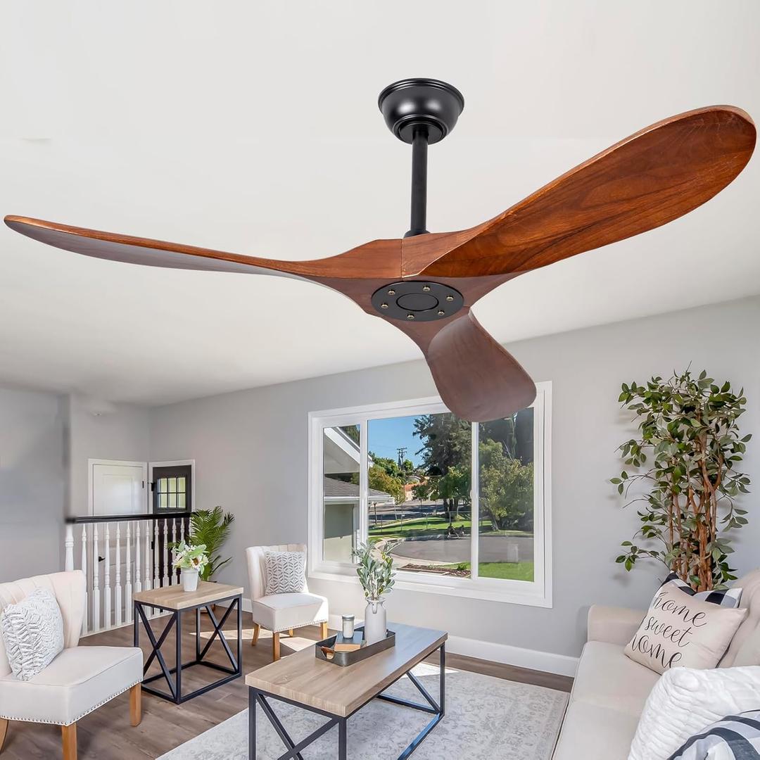 52 Inch Wood Ceiling Fan no Light, Outdoor Ceiling Fans Without Lights with Remote Control, 3 Blades Outdoor Walnut Propeller for Patio, Indoor, Living Room, Bedroom, Porch, Farmhouse