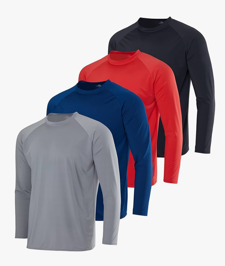 Real Essentials 4 Pack: Mens Long Sleeve Rash Guard Shirt UPF 50+ Swim Beach UV Sun Protection Fishing Quick Dry (Big & Tall) L