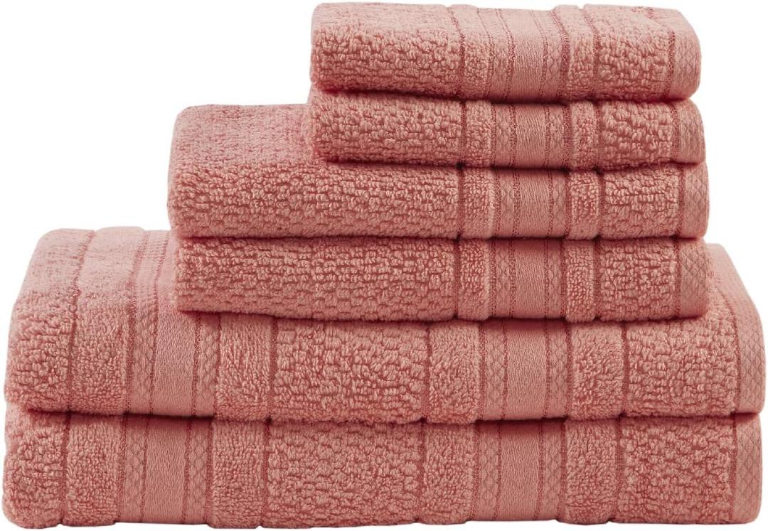 Madison Park Adrien 100% Cotton Soft Bathroom Towel Set, Highly Absorbent, Zero Twist, Quick Dry, Include 2 for Shower, 2 Hand & 2 Facial Wash Cloth, Multi Sizes, Coral 6 Piece