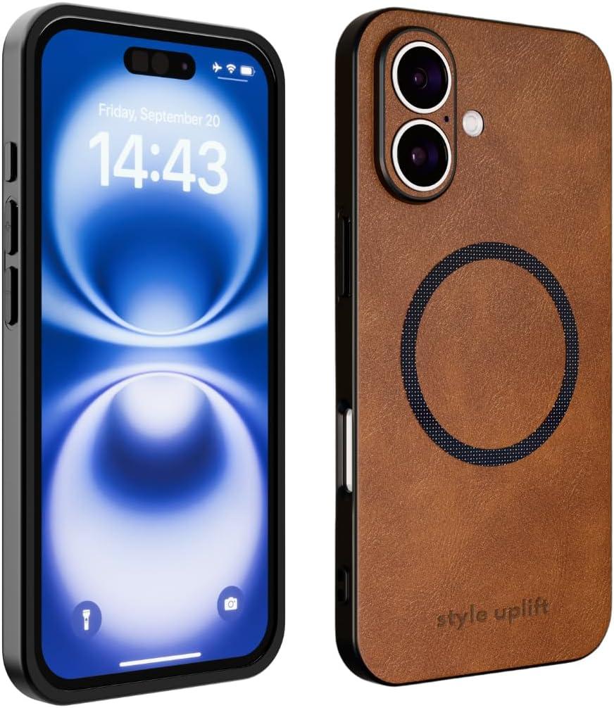 Style Uplift SU - iPhone 16 Magnetic Vegan Leather Case -SU.Shield Slim & Protective Design, Compatible with MagSafe, Wireless Charging - Tan Brown Case, Phone Case for iPhone 16 (6.1")