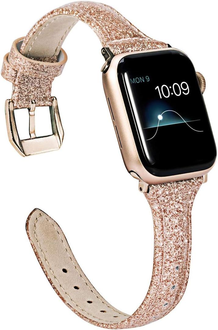 Wearlizer Thin Glitter Leather Compatible with Apple Watch Leather Bands Women 38mm 40mm 41mm 42mm 44mm 45mm 46mm 49mm for iWatch Series 11 10 9 8 7 6 5 4 3 SE/Ultra 3 2 1 Slim Bling Glistening Strap