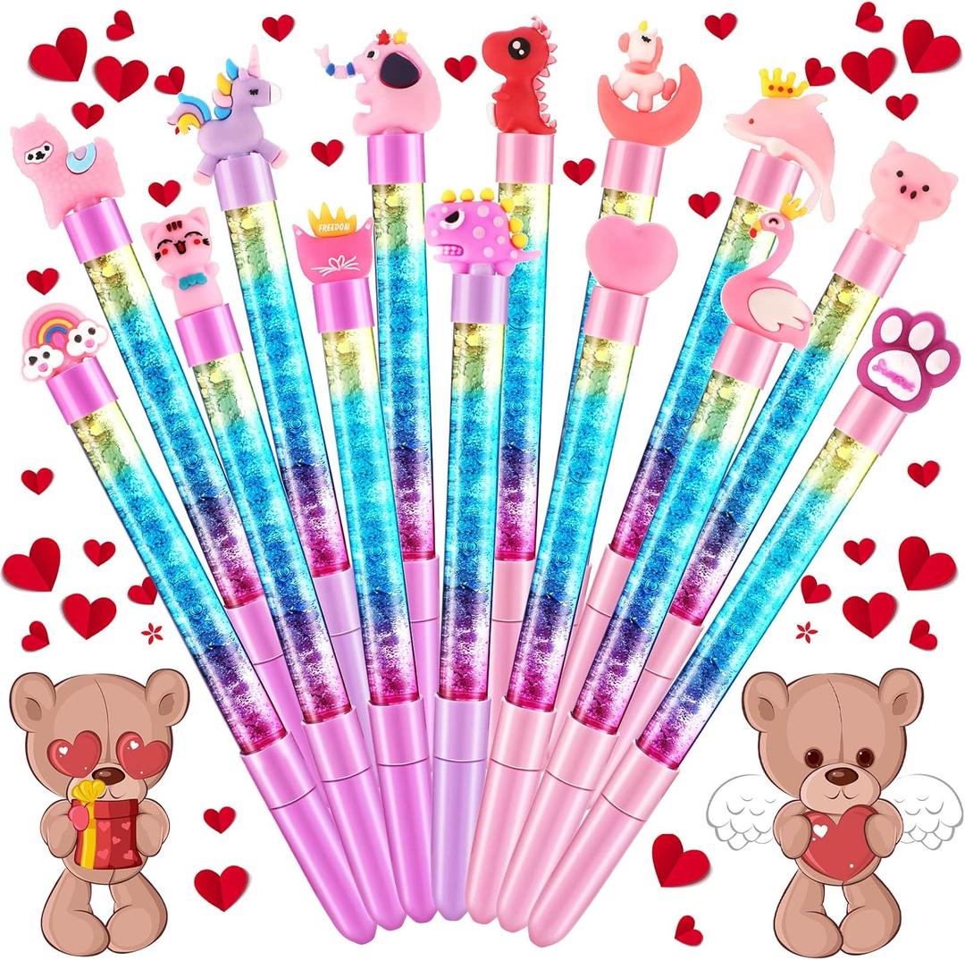 Tinlade 14 Pieces Valentine's Day Pen Cartoon Gel Ink Cute Rainbow Glitter Crystal Pen Funny Pens for Office Valentine's Day Work Supplies Party Favors (Heart Style)