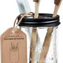 Amolliar Mason Jar Toothbrush Holder - Rustproof Stainless Steel - Holds 2 Toothbrushes and Toothpaste,with Chalkboard Labels - Farmhouse Dcor Bathroom Countertop and Vanity Storage Organizer,Black