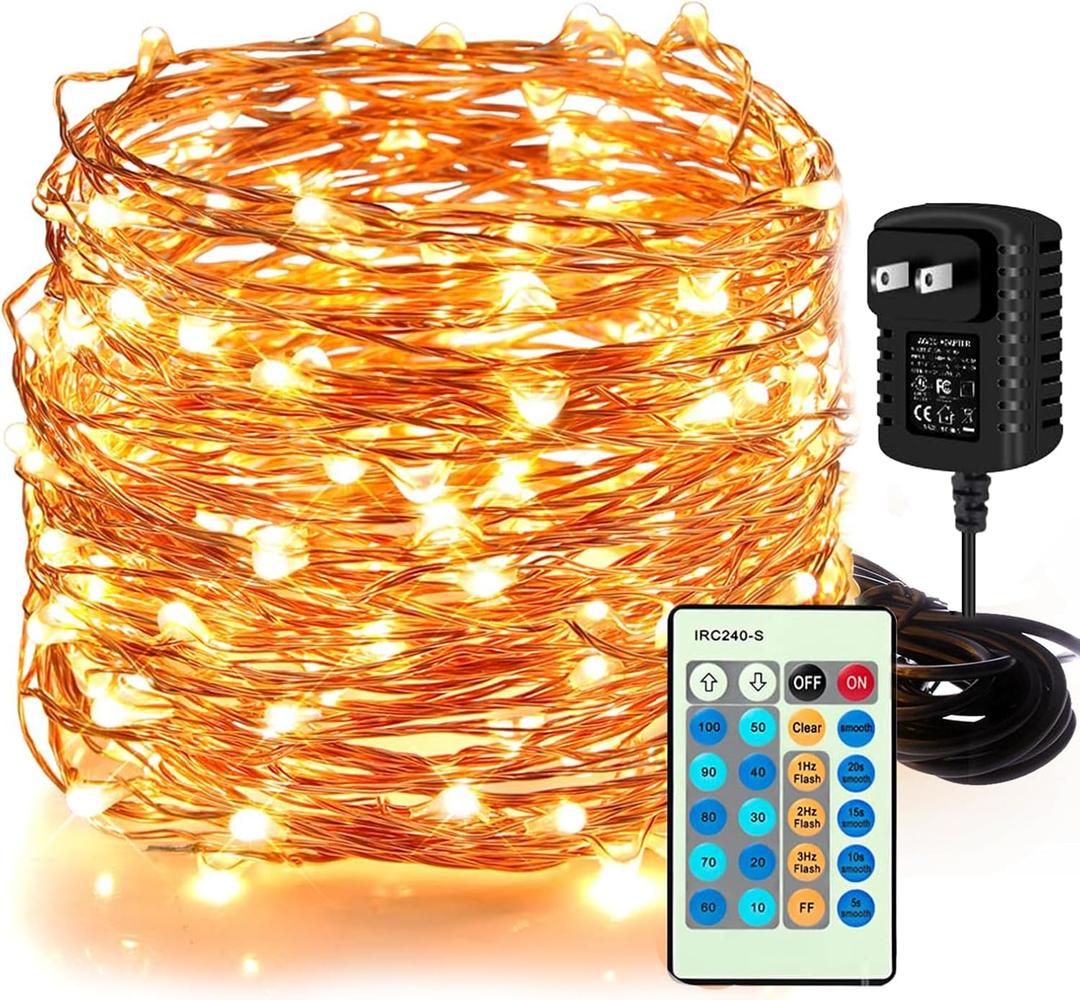 Moobibear LED Decorative Fairy String Lights 66ft 200 LEDs Dimmable Outdoor/Indoor Starry String Lights, Warm White Copper Lights with Remote Control for Garden Room Patio Party Valentines Day Decor