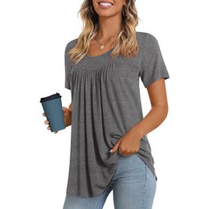 LONGYUAN Womens Tunic Tops 2026 Short Sleeve Shirts Summer Casual Tee Comfy Blouses (Gray, L)